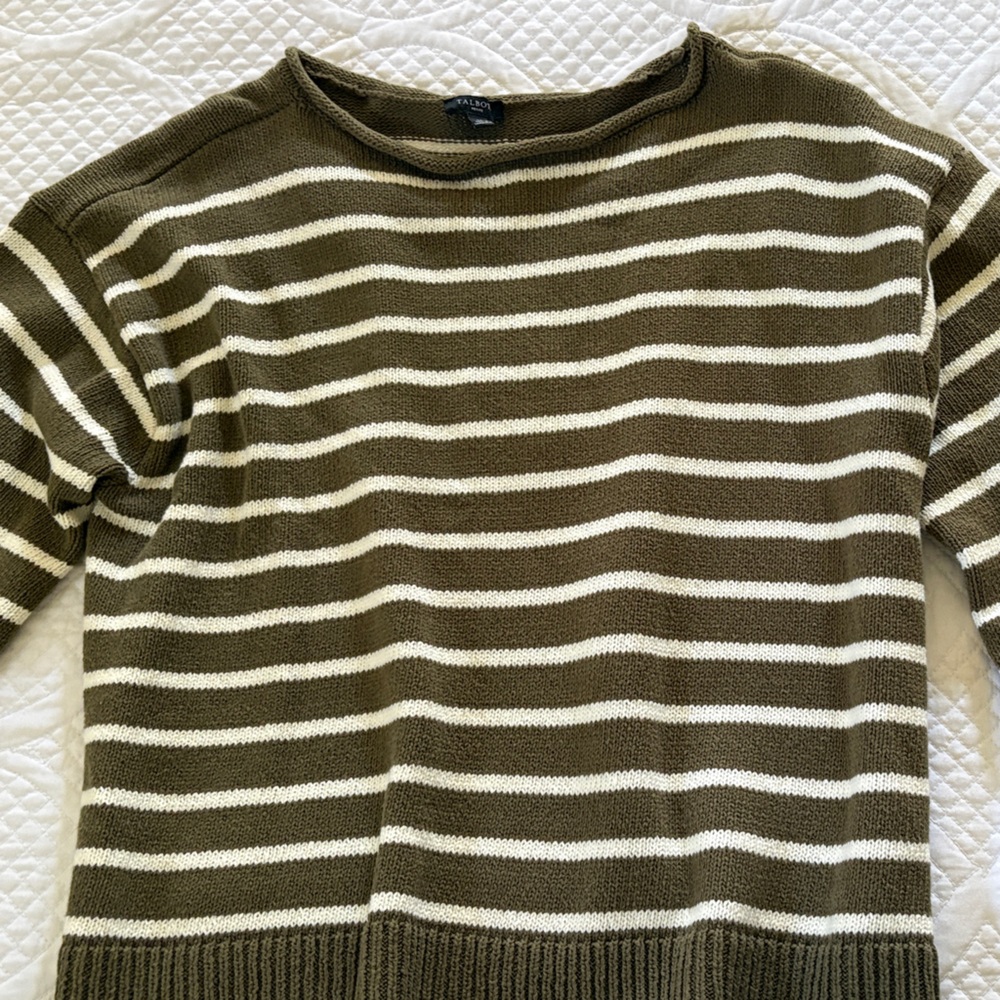Talbots Olive Green and White Striped Crewneck Sweater.
